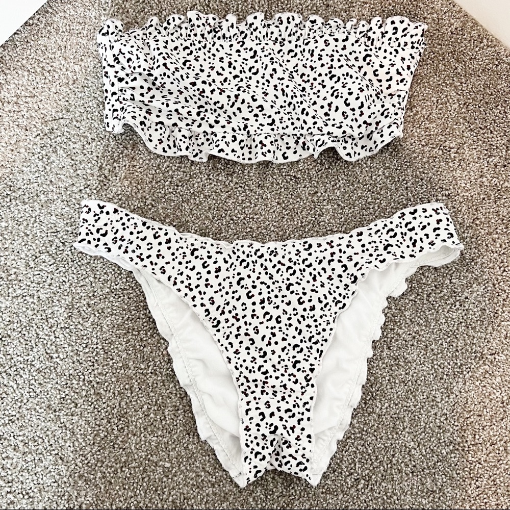 SHADE & SHORE swim micro leopard ruffle bandeau bikini set top bottoms small